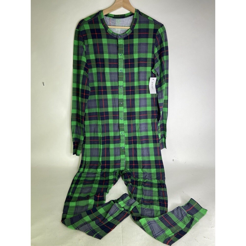 2xist Cotton Stretch Tartan One Piece Union Suit Pajama Sleepwear Mens Size S